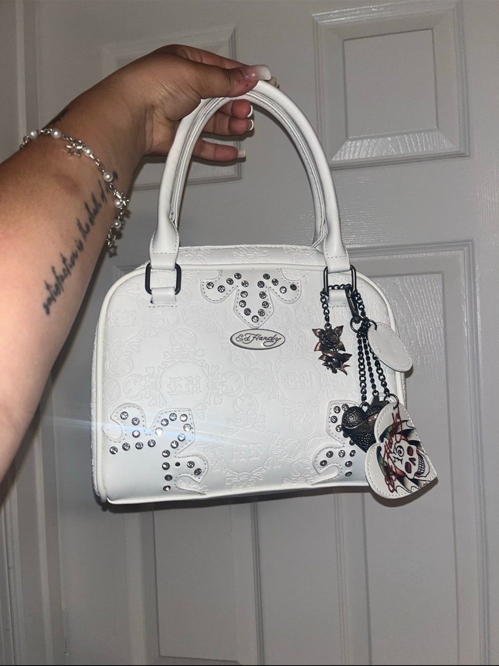 Ed Hardy White Embossed Top-Handle Satchel with Charm Accents